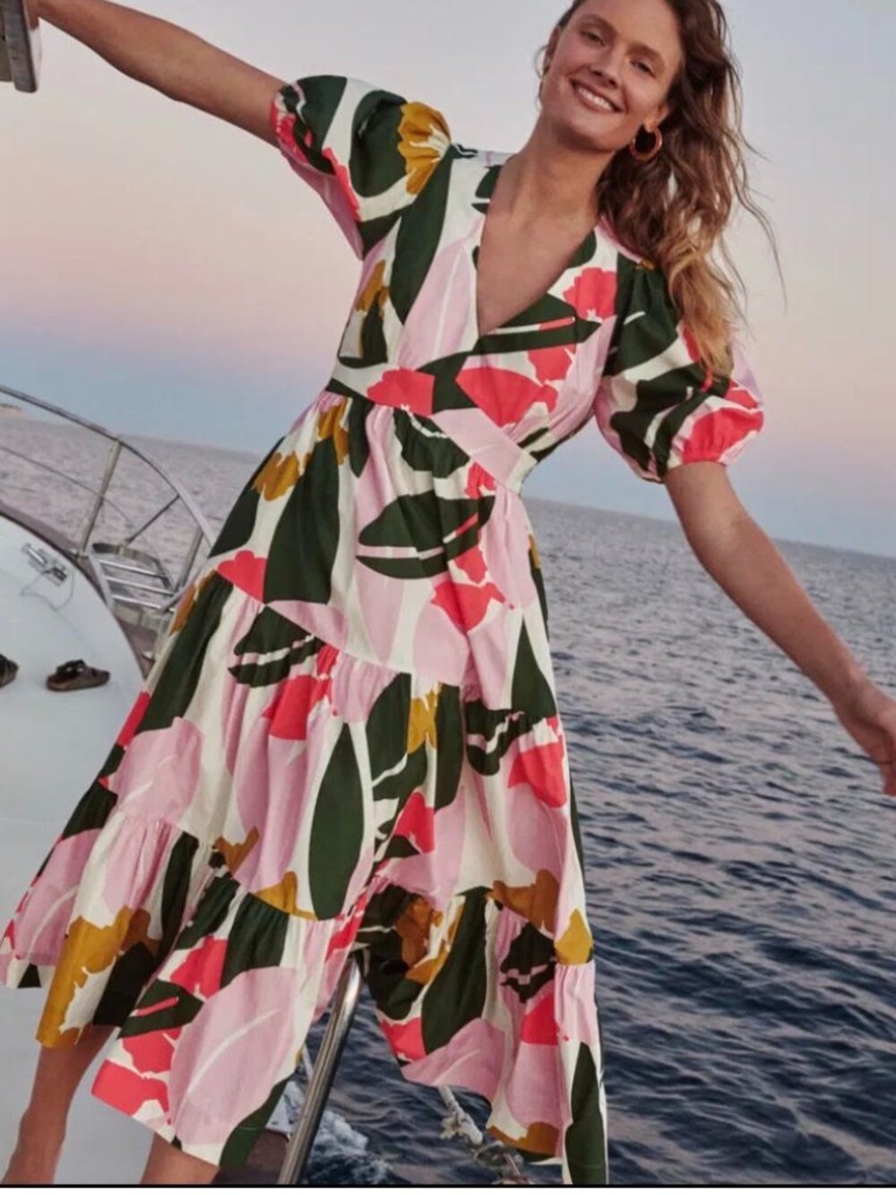 NWT BODEN 100% Cotton Puff Sleeve Tiered Midi Dress with Pockets Size 4